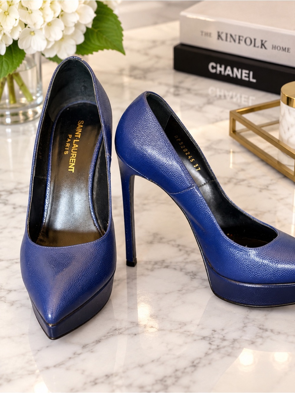 Saint Laurent Blue Leather Pointed Toe Platform Pumps